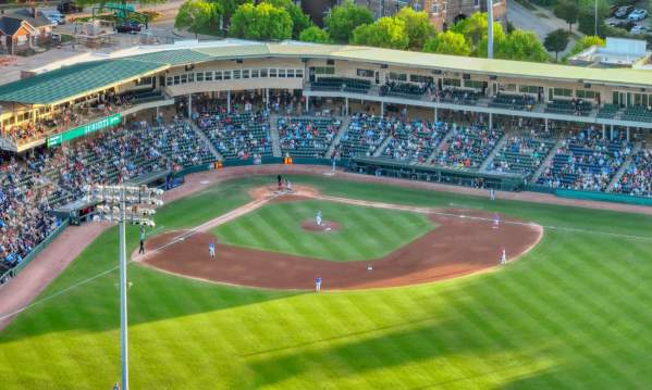 Aerial photo of a Greenville Drive baseball game at Fluor Field in Greenville