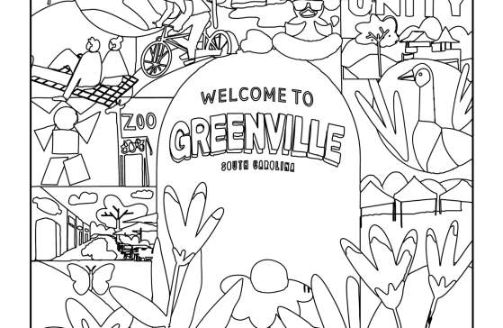Vibrantly colored mural with a Welcome to Greenville, South Carolina message and colorful illustrations of Greenville landmarks like the Swamp Rabbit Trail, Greenville Zoo, Children's Museum, Unity Park, Liberty Bridge, and illustrated flowers. Colors used are light pink, orange, sage green, navy blue, light purple, mustard yellow, white, and light blue.