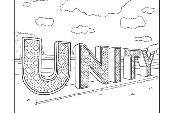Coloring page of Unity Park sign with clouds in the sky