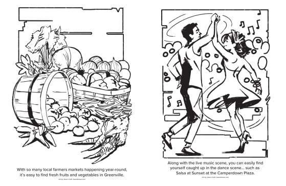 Coloring Pages - fruits and vegetables at the Farmers Market & salsa dancing couple