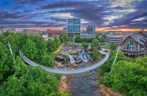 An aerial view of downtown Greenville, featuring the iconic Liberty Bridge spanning over Falls Park, with lush greenery and urban buildings in the background.