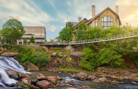 Stunning view of Falls Park and the Reedy River at sunrise.w