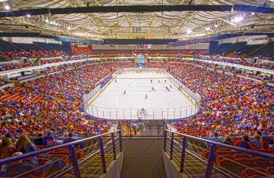 Large crowd watching the Greenville Swamp Rabbits at Bon Secours Wellness Arena.