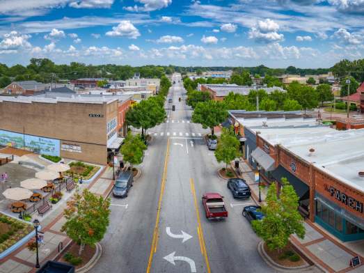 Aerial shot of Main Street in downtown Fountain Inn, SC.