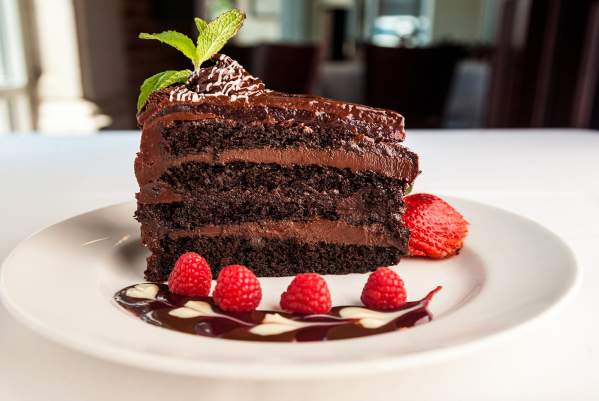 Chocolate cake on a dessert plate at Rick Erwin's restaurant in Greenville.