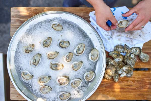 White Stone Oysters being prepared for Euphoria's oysters on ice dish
