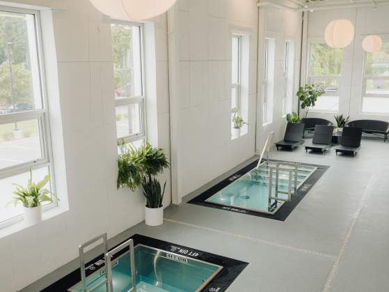 Interior of Sauna House cold plunge pools in a bright white room with lots of windows and natural light, plus ambient lighting above.