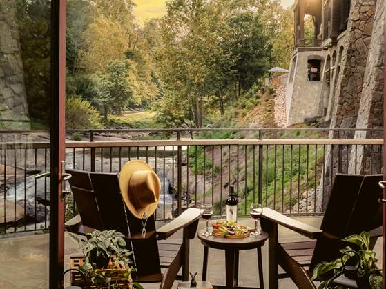 Stunning view of the sunrise from a balcony in the Grand Bohemian Lodge.