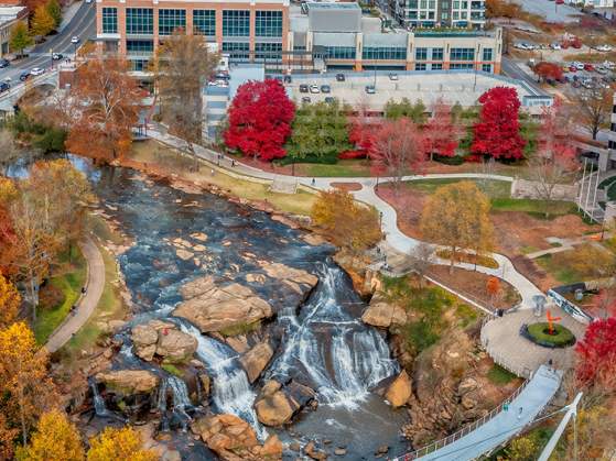 Aerial view of Falls Park and the Liberty Bridge in Autumn.