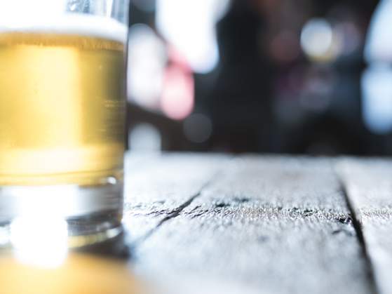 A craft beer sits on a counter at Fireforge Crafted Beer in downtown Greenville, SC.