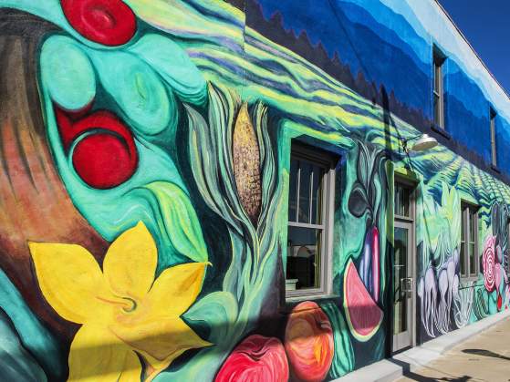 A mural of flowers, fruits, and veggies adorns the exterior of The Anchorage restaurant in Greenville, SC.