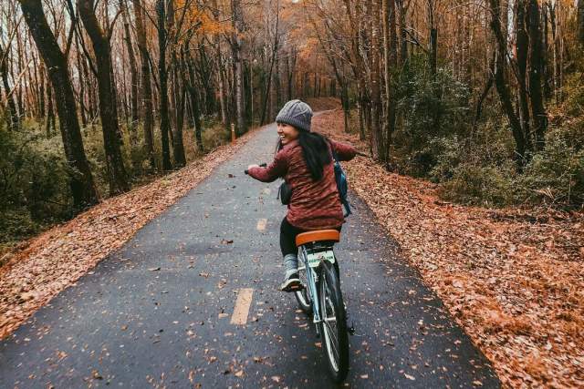 A person rides a bicycle down a leaf-strewn path surrounded by autumn trees.