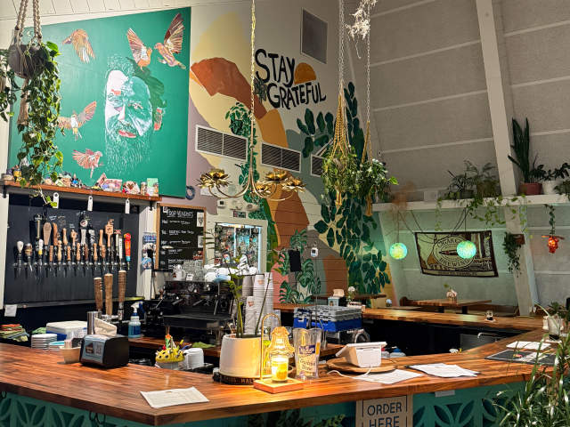 A wooden bar with a coffee machine and taps in the foreground is set against a vibrant mural of plants and birds in the background.