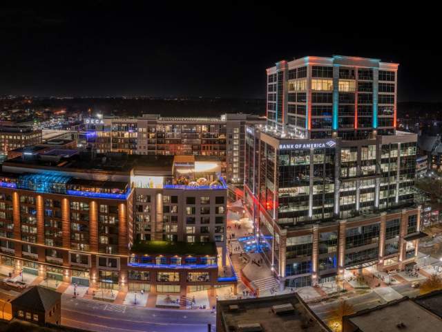 Juniper and Camperdown Plaza at night in downtown Greenville, SC.