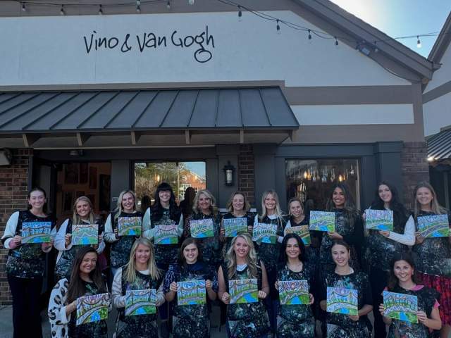 Female artists with their paintings made in-studio at Vino & Van Gogh in Greenville, SC.