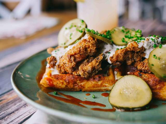 Fried Chicken & Waffles look inviting at Tupelo Honey restaurant in downtown Greenville, SC.