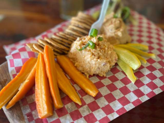 A Hummus and Palmetto Cheese Board from brewery Carolina Bauernhaus in Greenville, SC.