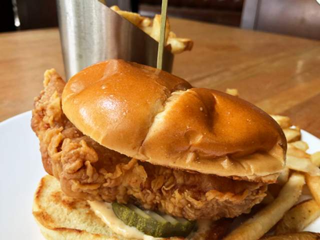 A chicken sandwich from restaurant NOSE DIVE in downtown Greenville, SC.