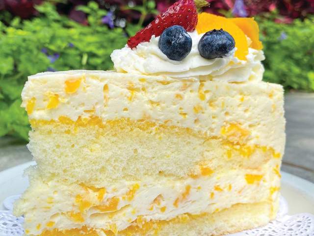 A slice of Lemon Bavarian Cake from Old Europe Desserts in Greenville, SC.