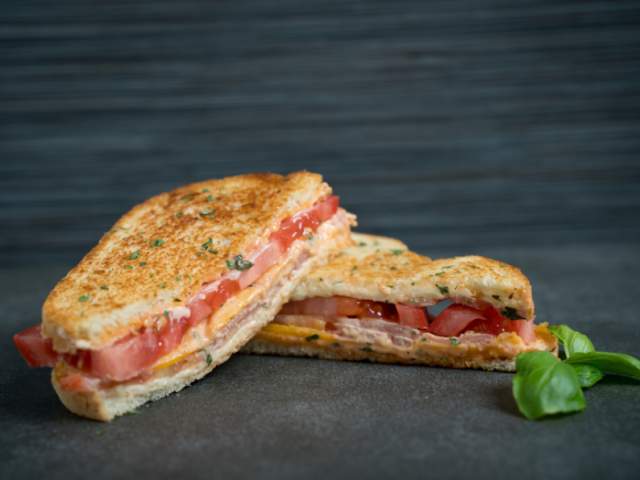 A tomato pie sandwich from restaurant and popular hangout spot Social Latitude in Greenville, SC.