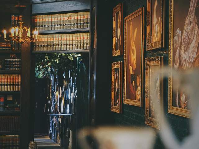 Books and painting line the walls at The Library at The Rabbit Hole in the Village of West Greenville, SC.