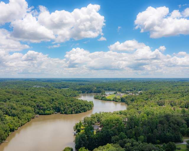 Aerial view of Lake Saluda on a sunny summer day.