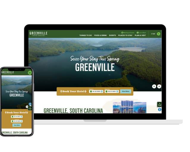Mockup of macbook (desktop) and iphone (mobile) view of the VisitGreenvilleSC website.