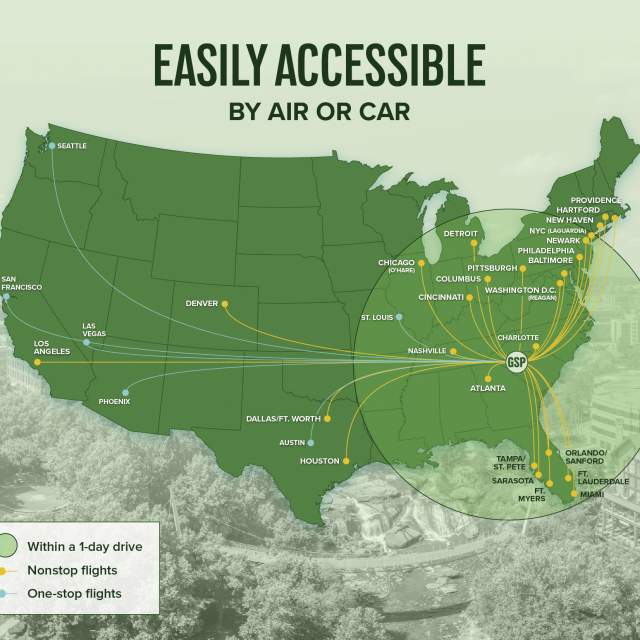 Greenville, SC: Easily accessible by air or car. Infographic with a US map featuring direct & one-stop flights across the country, plus a radius of eastern US destinations within a day's drive.
