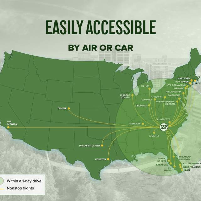 Greenville, SC: Easily accessible by air or car. Infographic with a US map featuring direct flights across the country, plus a radius of eastern US destinations within a day's drive.