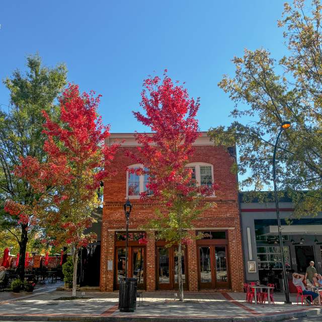 Exterior of Soby's New South Cuisine in the autumn/fall as the trees outside are changing colors with cooler weather coming.