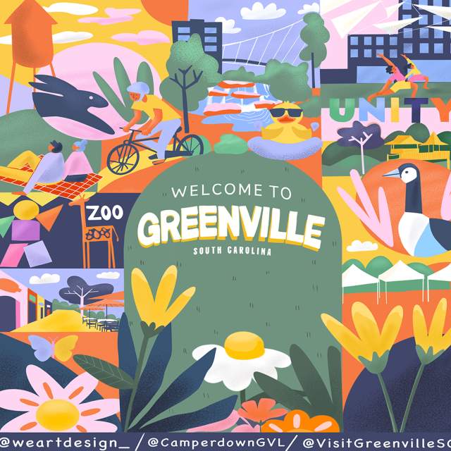 Vibrantly colored mural with a Welcome to Greenville, South Carolina message and colorful illustrations of Greenville landmarks like the Swamp Rabbit Trail, Greenville Zoo, Children's Museum, Unity Park, Liberty Bridge, and illustrated flowers. Colors used are light pink, orange, sage green, navy blue, light purple, mustard yellow, white, and light blue.