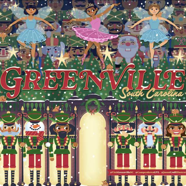 A mural in Camperdown Plaza in Greenville, SC of ballerinas and nutcrackers at Christmastime.