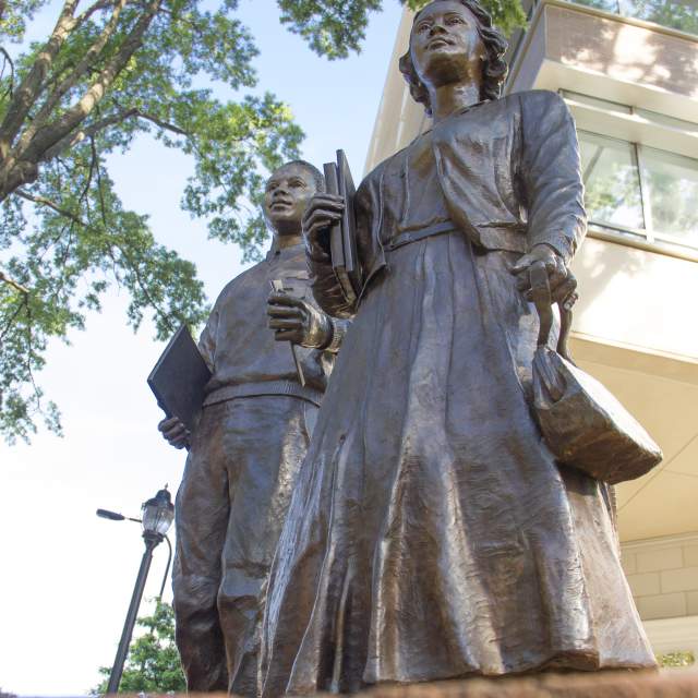 Sterling High School (which was destroyed in a fire in 1967) was Greenville's first black public high school. This bronze sculpture by Mariah Kirby-Smith is installed in front of the former Woolworth building, where sit ins and protests were held during the civil rights movement