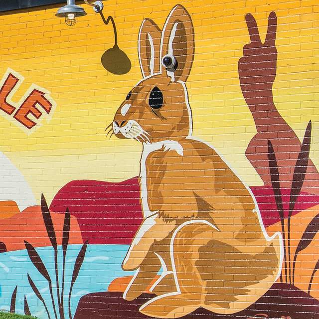 A bunny mural on the side of Rocky's Hot Chicken Shack in Greenville, SC.