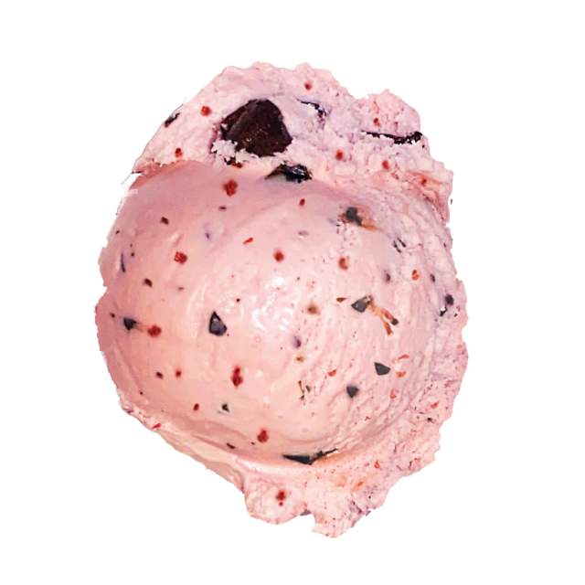 A scoop of Raspberry Chocolate Chip ice cream.