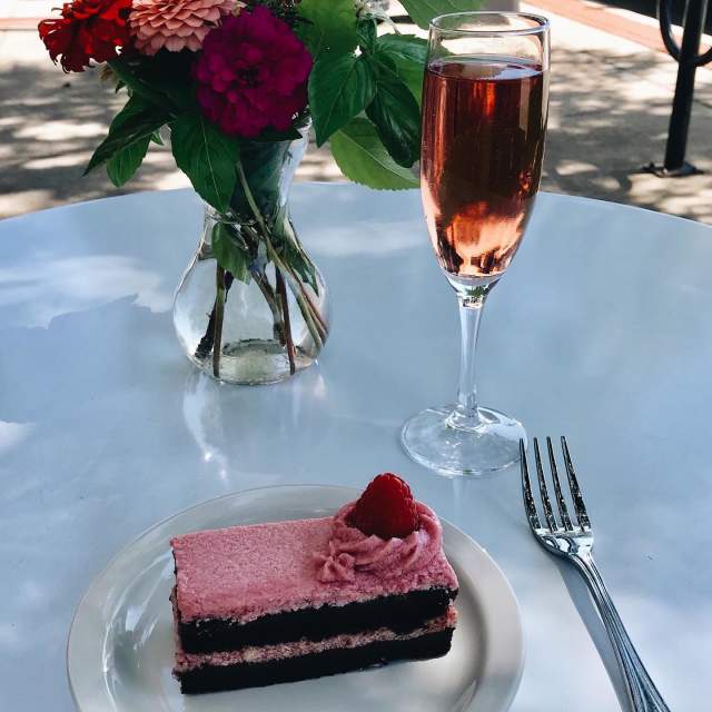 Drink and Cake on table at Old Europe Coffee and Desserts