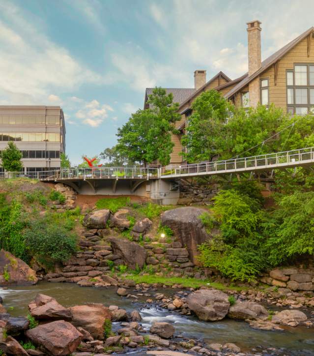 Stunning view of Falls Park and the Reedy River at sunrise.w