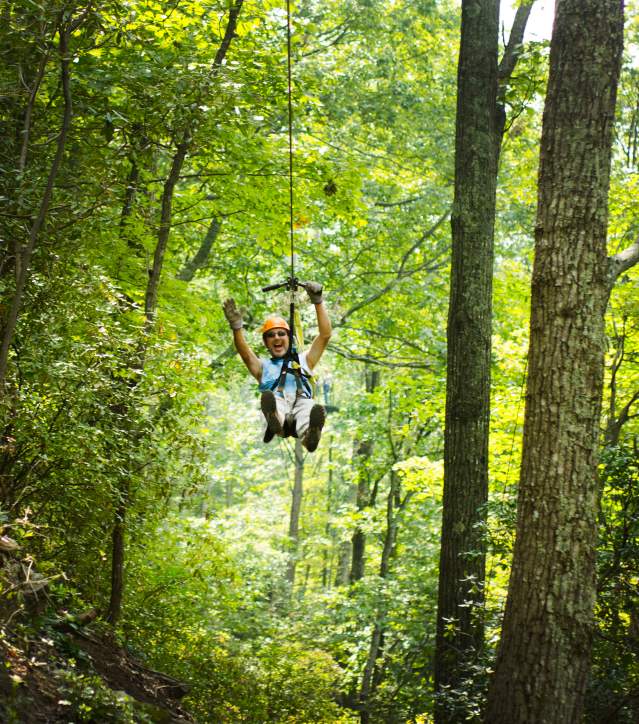Woman cheering as she flies down a zipline in a green forest.