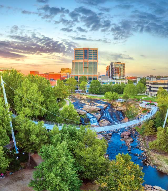 Aerial view of Falls Park on the Reedy & Liberty Bridge