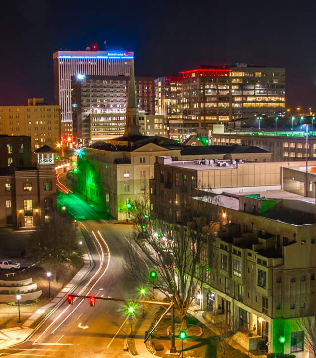 Aerial view of the downtown Greenville, SC skyline.