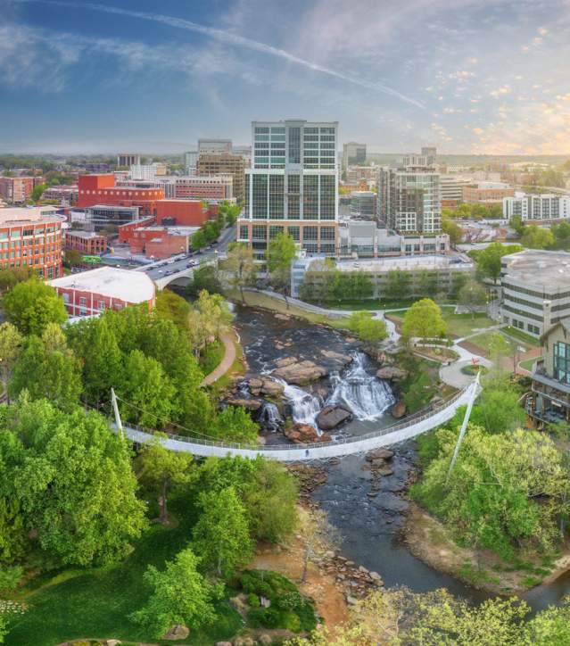 Aerial view of the Liberty Bridge in Falls Park on the Reedy, located in Downtown Greenville, SC.