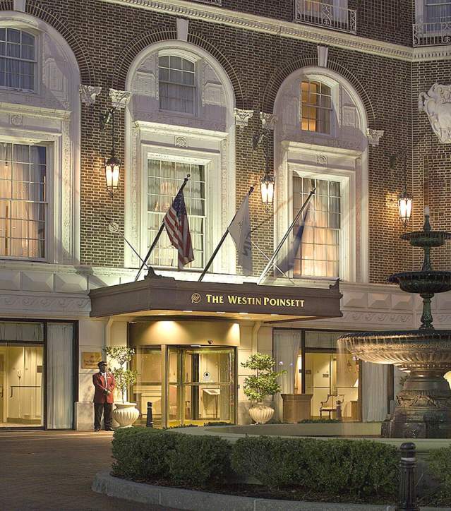 Exterior evening view of the Westin Poinsett Hotel in Greenville.