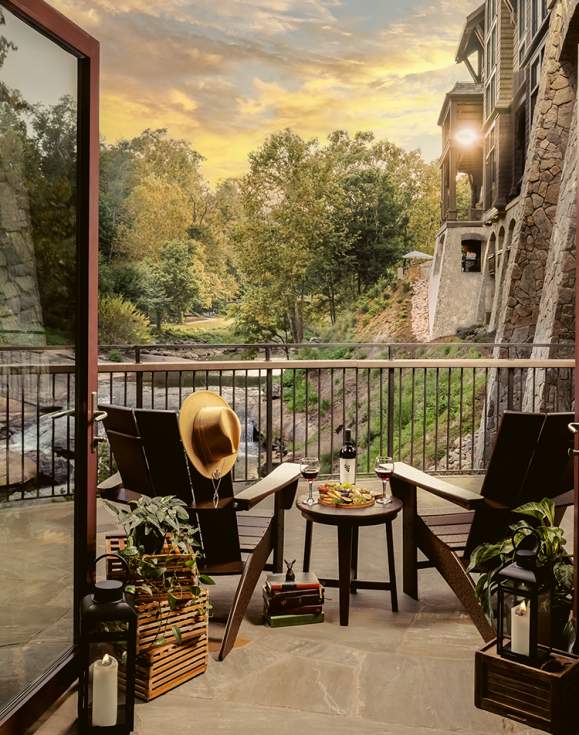 Stunning view of the sunrise from a balcony in the Grand Bohemian Lodge.