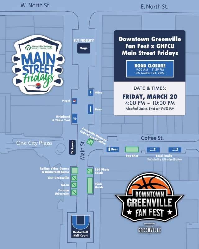 2026 NCAA Downtown Greenville Fan Fest x GHFCU Main Street Fridays Event Map