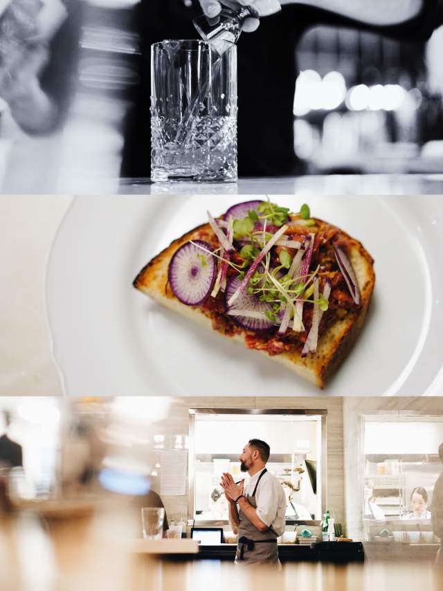 Series of images of drink being poured, a plated dish, and Chef Adam Cooke at Topsoil Kitchen.