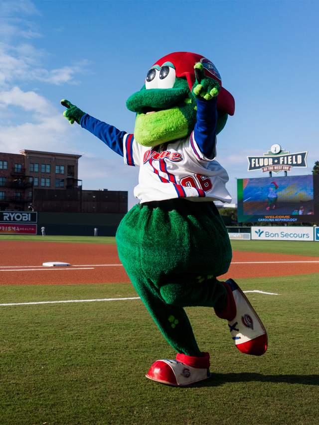 Frog mascot for Greenville Drive Baseball on Fluor Field