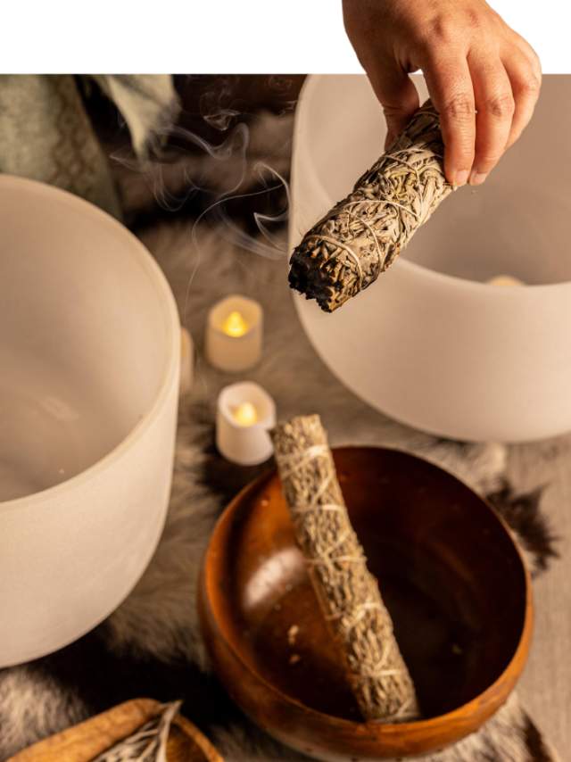 Sage wafting through the air during a peaceful sound bath meditation.