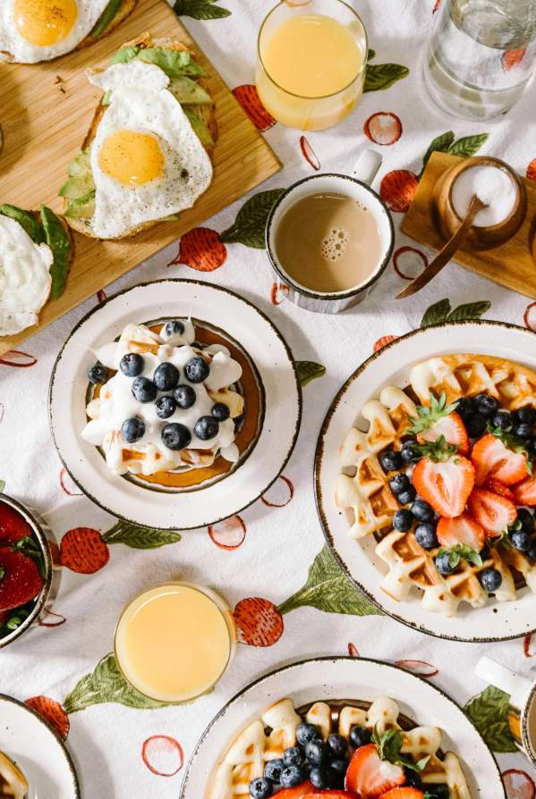 A breakfast buffet on display