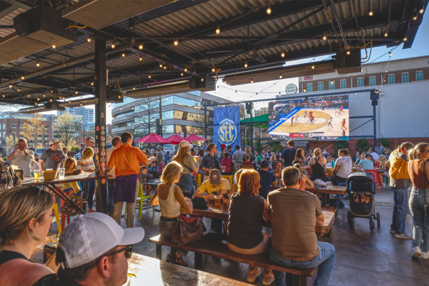 Fans watching the 2023 SEC Women's Basketball Tournament being televised at Yee-Haw Brewing Co. in Greenville, SC.