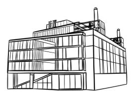A black-and-white illustration of a factory building.
